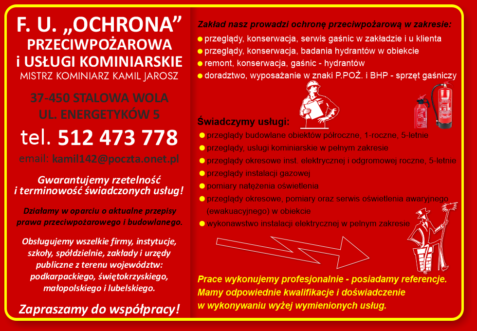 ochrona przeciwpożarowa i bhp, p.poż., gaśnice, kominiarz, odśnieżanie dachów, Stalowa Wola, Nisko, Leżajsk, Nowa Sarzyna, Tarnobrzeg, Sandomierz, Rzeszów